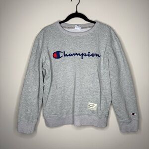 grey Champion crewneck sweatshirt with a classic script logo
